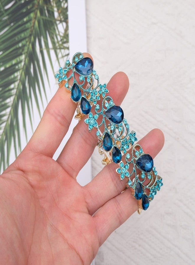 CSY Elegant Stretch Bangles Art Deco Statement Cuff Bangle Elastic Wide Bracelet Wedding Party Prom Jewelry for Women (Aquamarine-Gold tone) - Image 4